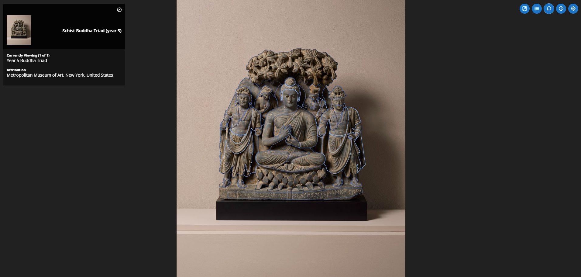 An annotated image shown in Glycerine Viewer: the Buddha Triad.
