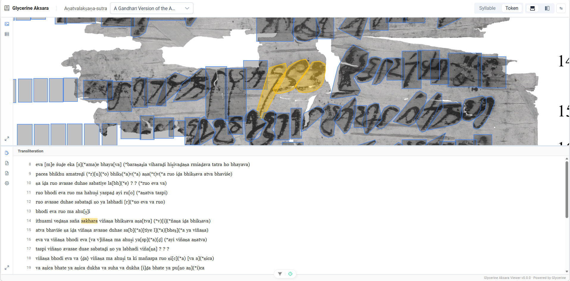 Home 24 Screenshot of Glycerine Aksara for the Gandhāran Manuscripts project, showing an annotated image in the top pane and a transliteration in the bottom pane.